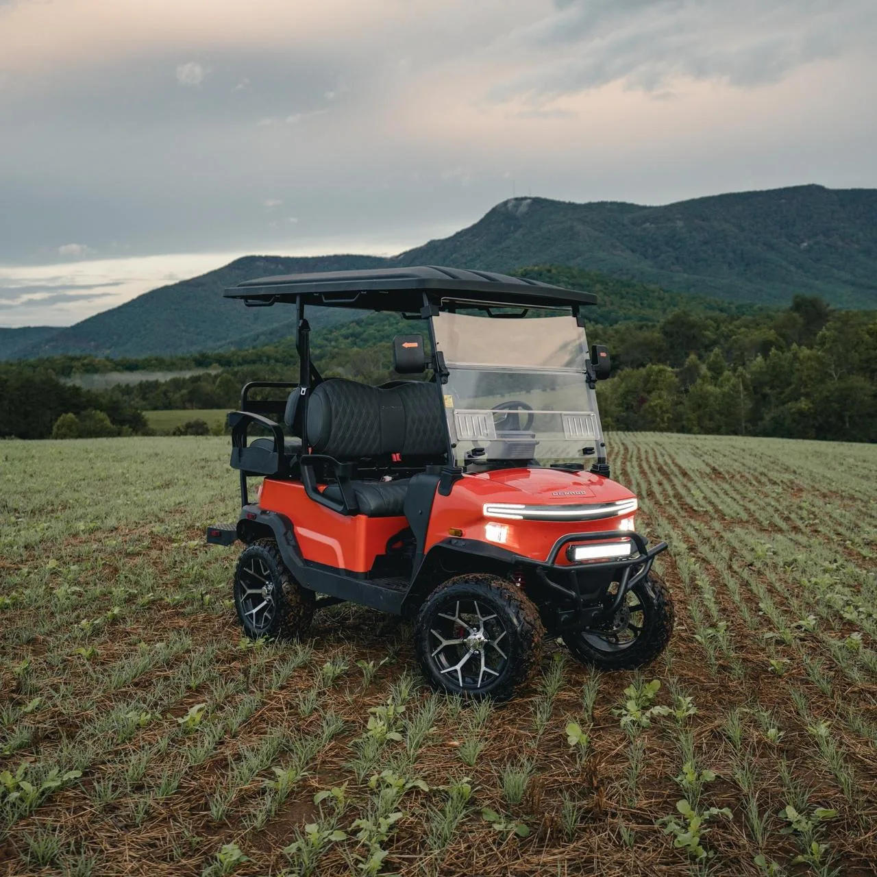 Carro de golf eléctrico Denago rojo en campo con montañas México